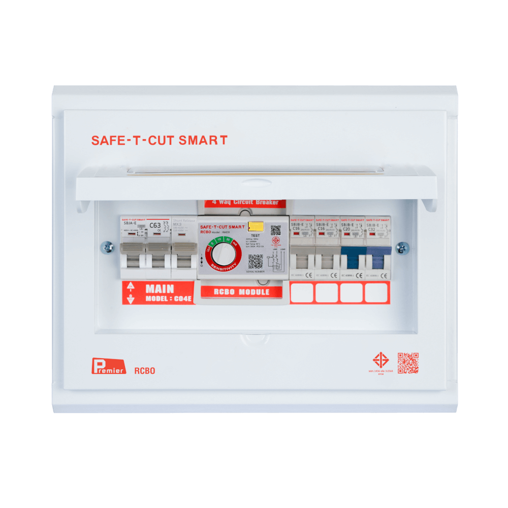 ชุดตู้คอนซูมเมอร์ 4 ช่อง เบรคเกอร์ กันดูด 63 แอมป์ เซฟ-ที-คัท สมาร์ท รุ่น PREMIER RCBO